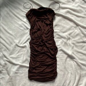 Brown Ruched Bodycon Dress with Cowl Neck